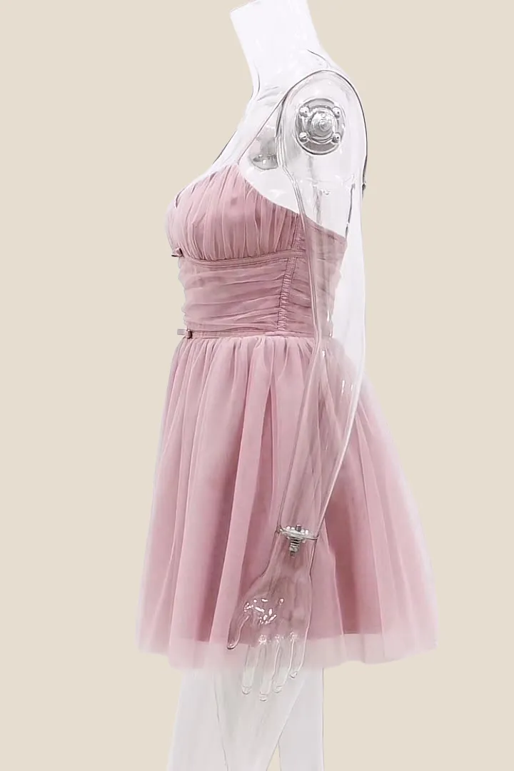 V-neck Pink Pleated A-line Short Tulle Dress