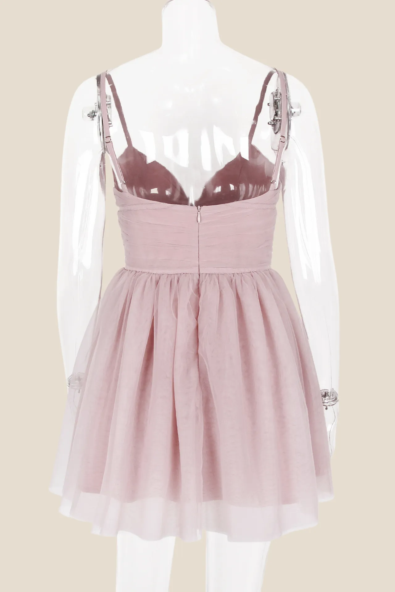 V-neck Pink Pleated A-line Short Tulle Dress