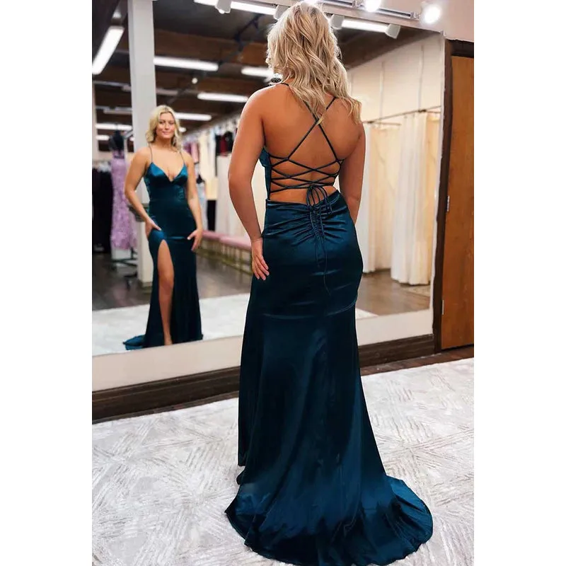 V-Neck Spaghetti Straps Lace-Up Long Prom Dress With Slit