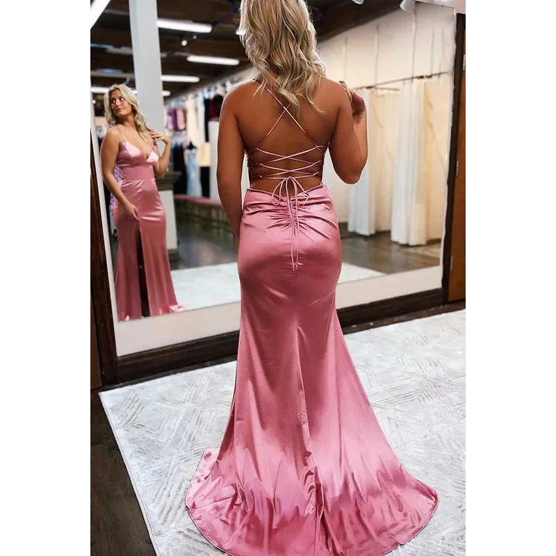 V-Neck Spaghetti Straps Lace-Up Long Prom Dress With Slit