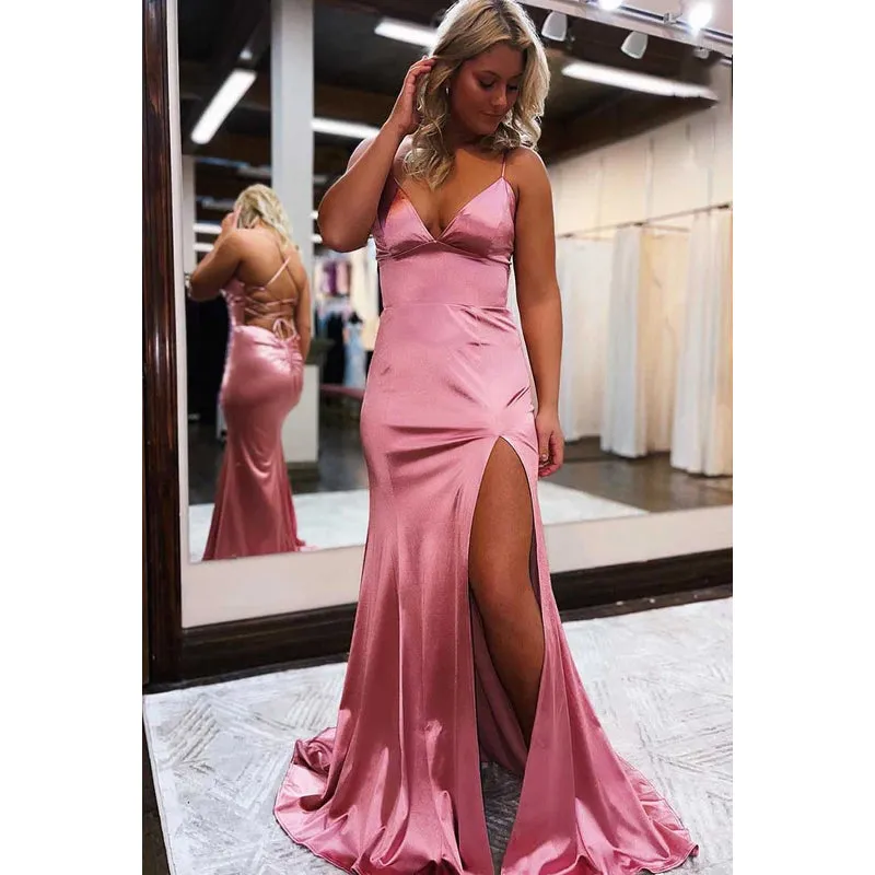 V-Neck Spaghetti Straps Lace-Up Long Prom Dress With Slit