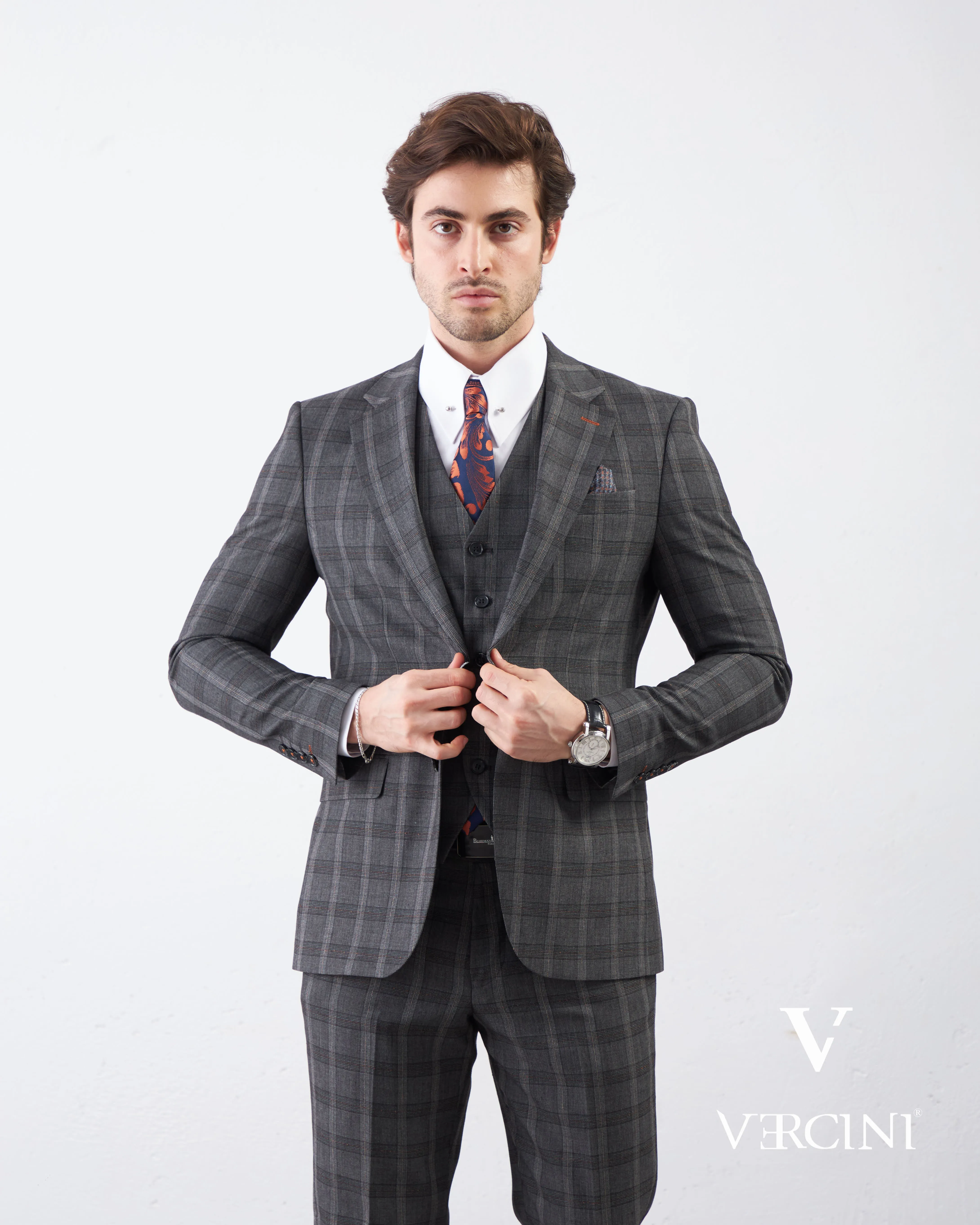 Vercini Charcoal Checkerboard Elegance Three-Piece Men's Suit