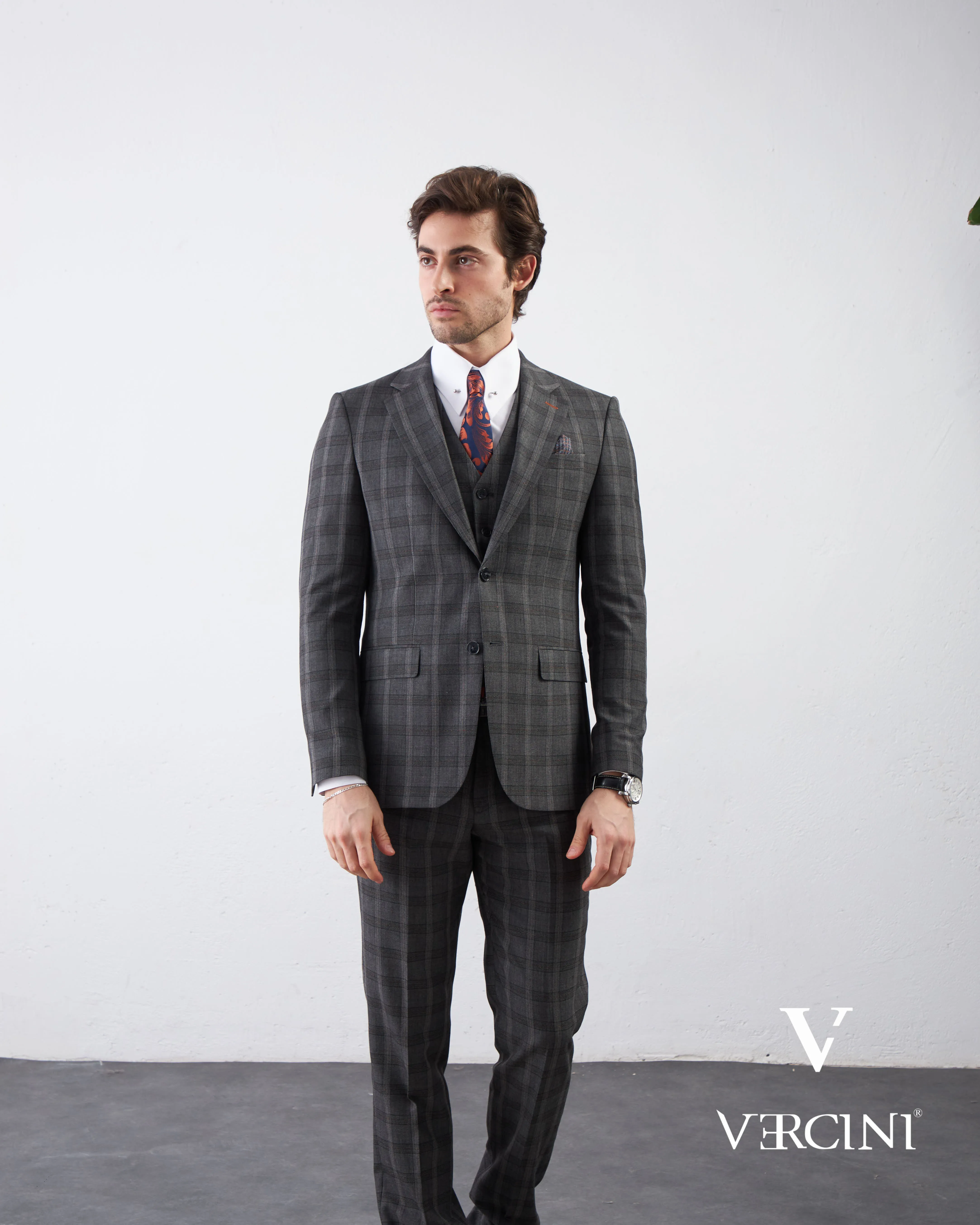 Vercini Charcoal Checkerboard Elegance Three-Piece Men's Suit