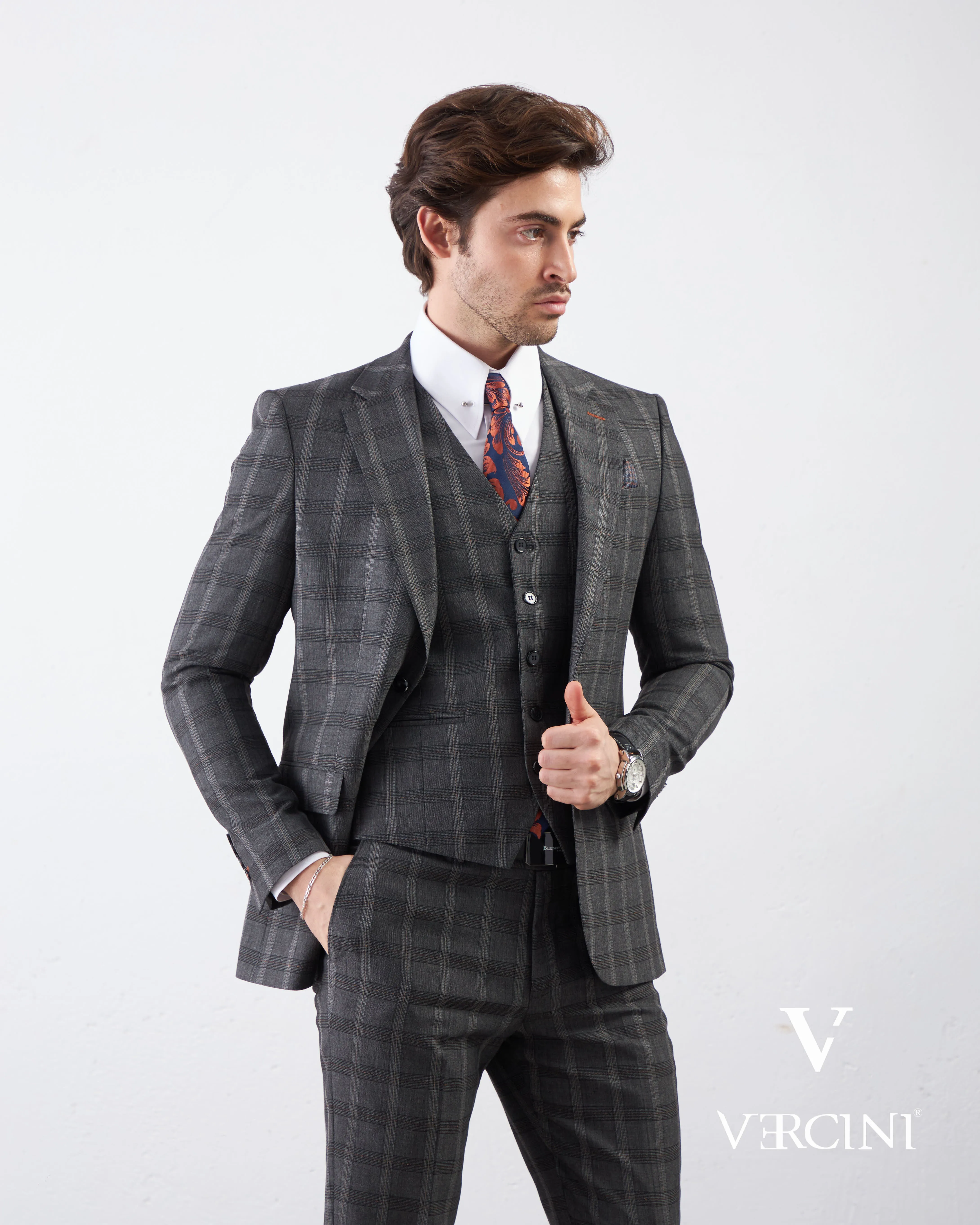 Vercini Charcoal Checkerboard Elegance Three-Piece Men's Suit