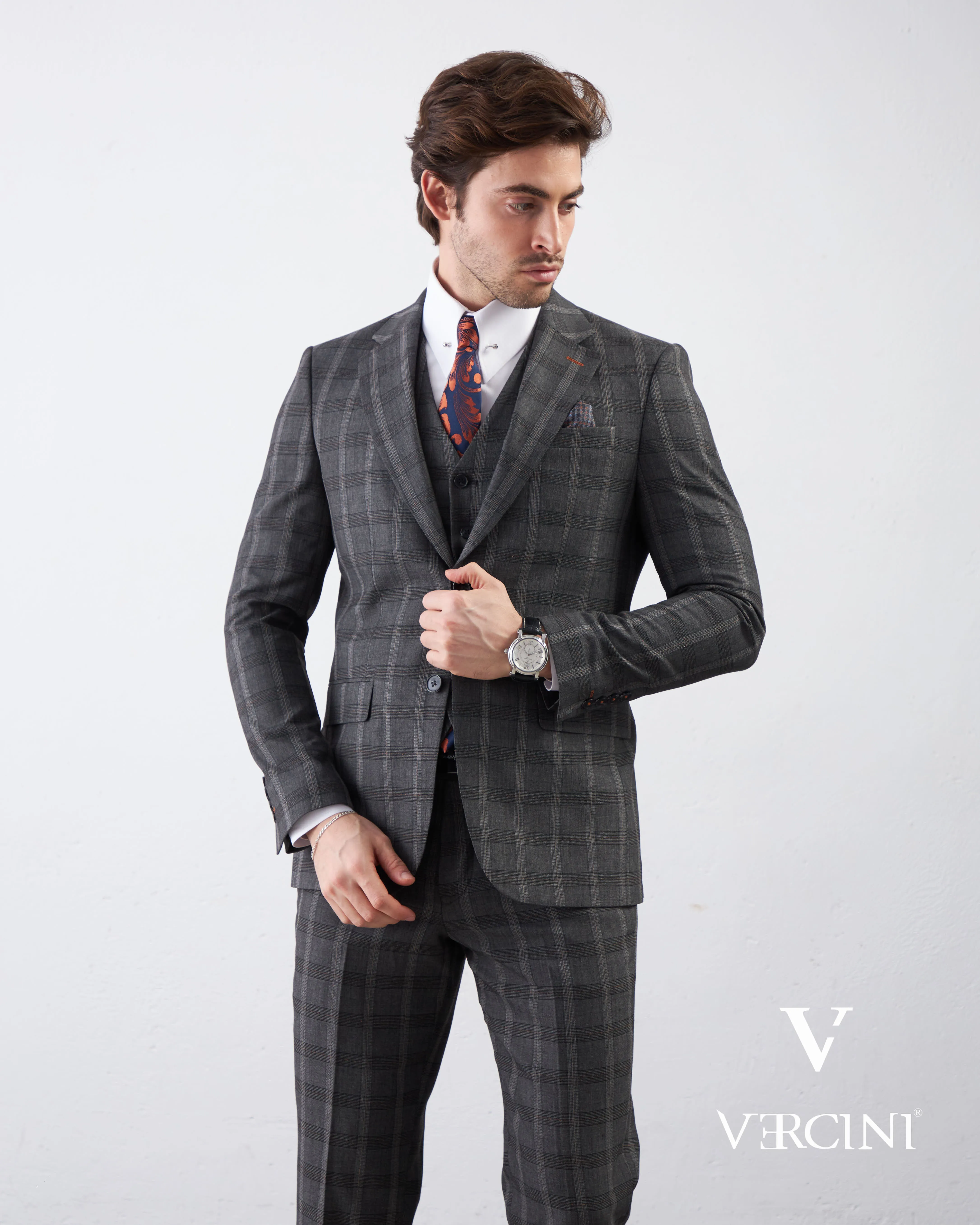 Vercini Charcoal Checkerboard Elegance Three-Piece Men's Suit