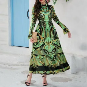 Vibrant Green and Black Ladies Middle Eastern Casual Maxi Dress