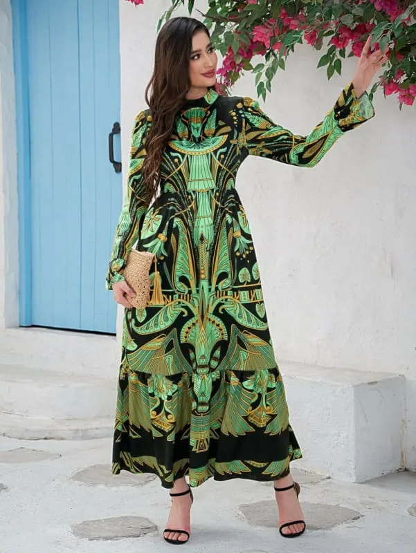 Vibrant Green and Black Ladies Middle Eastern Casual Maxi Dress