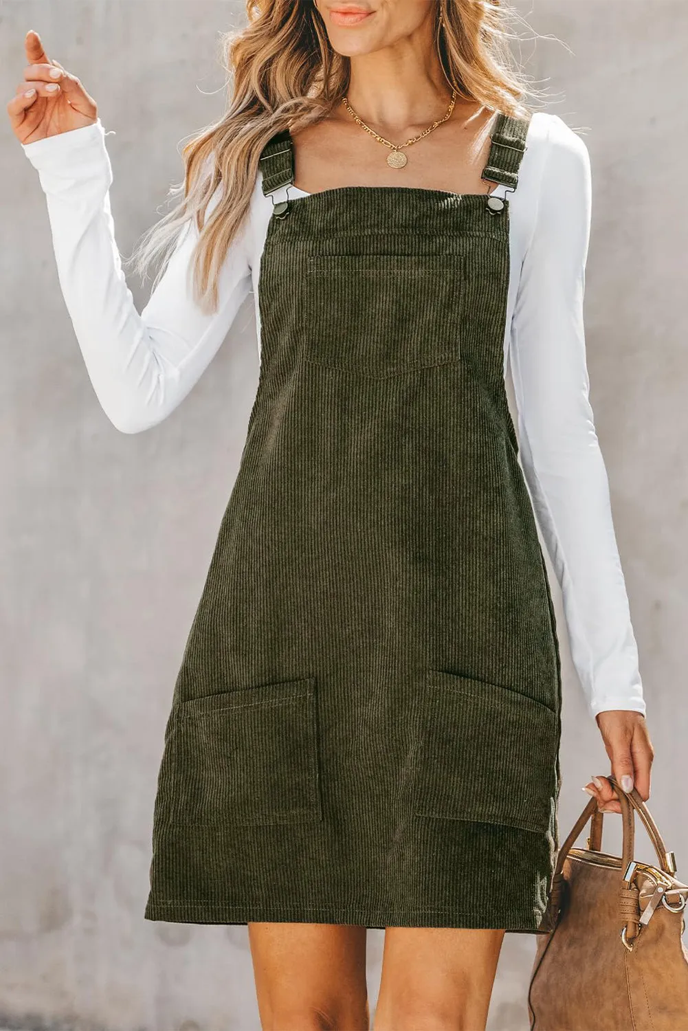 Vineyard Green Corduroy Front Pockets Overall Dress