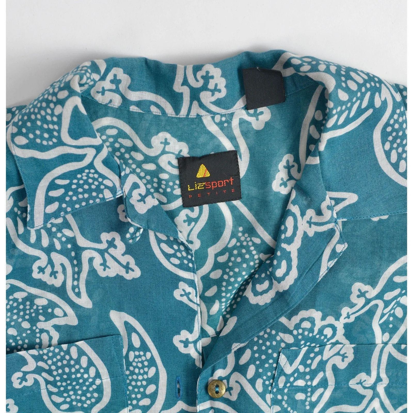 Vintage 80s Teal Boho Paisley Shirt Sheer Cotton Collared Button Down Blouse size S