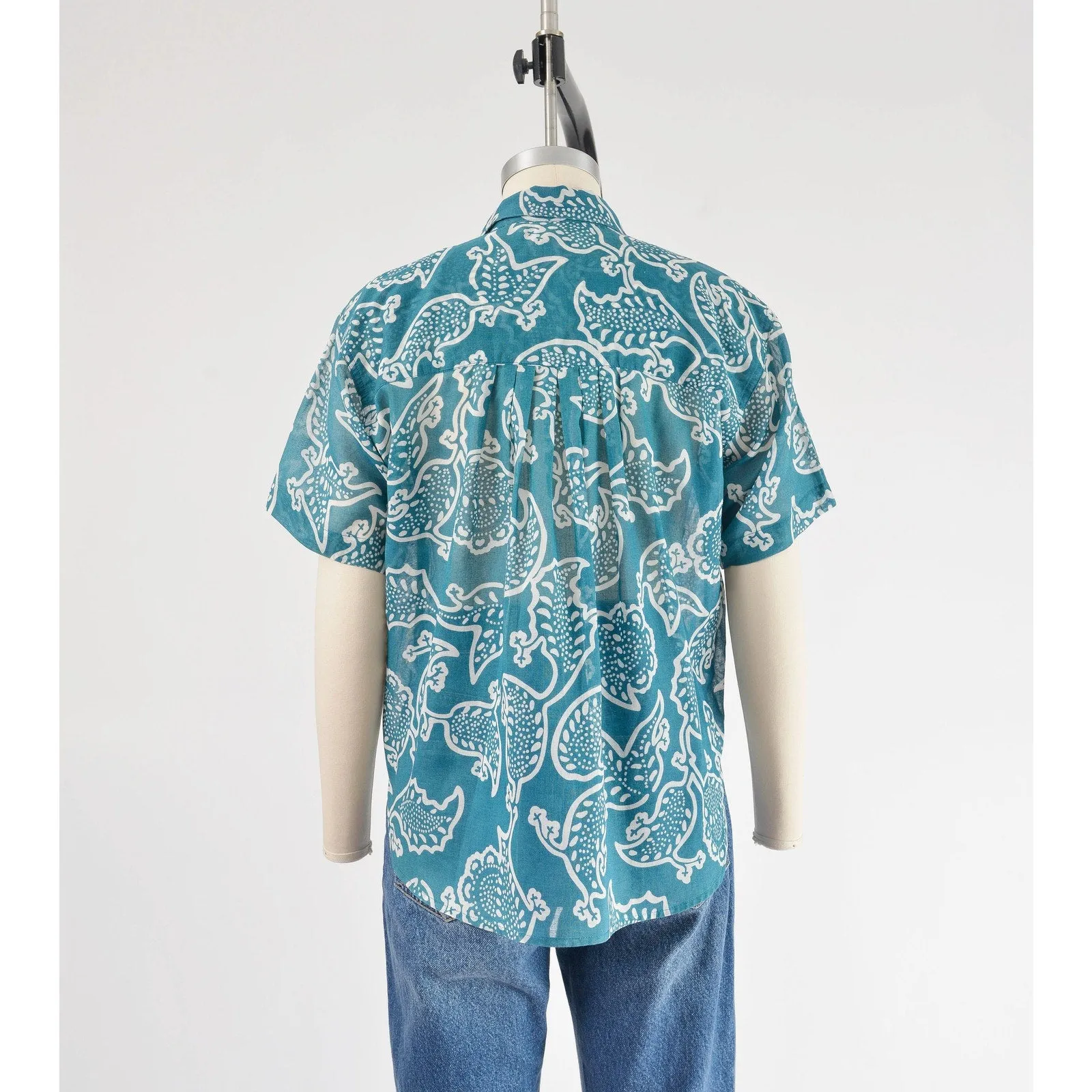 Vintage 80s Teal Boho Paisley Shirt Sheer Cotton Collared Button Down Blouse size S