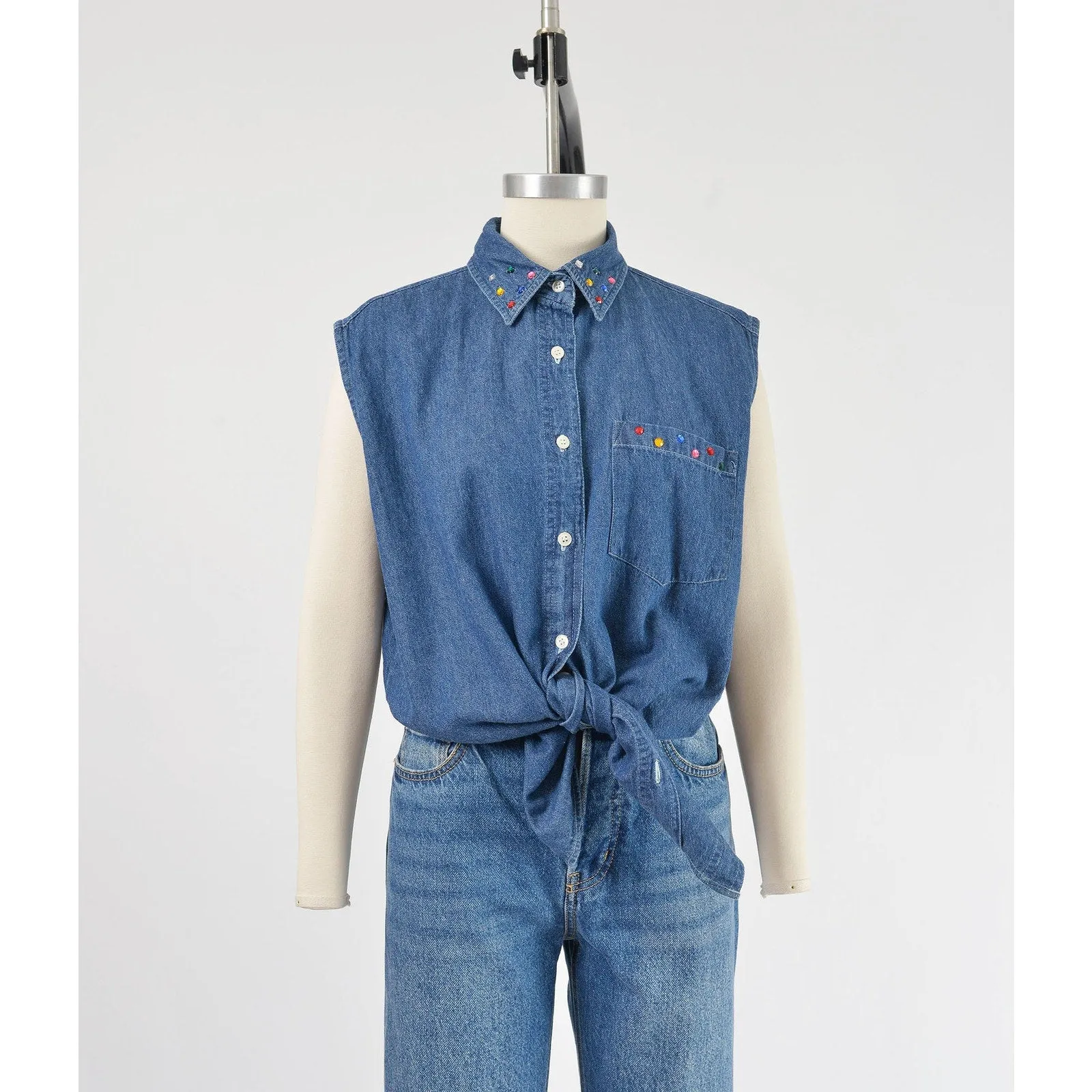 Vintage 90s Denim Sleeveless Shirt Rhinestone Collared Button Down Blouse Blue Cotton Chambray Top size M L