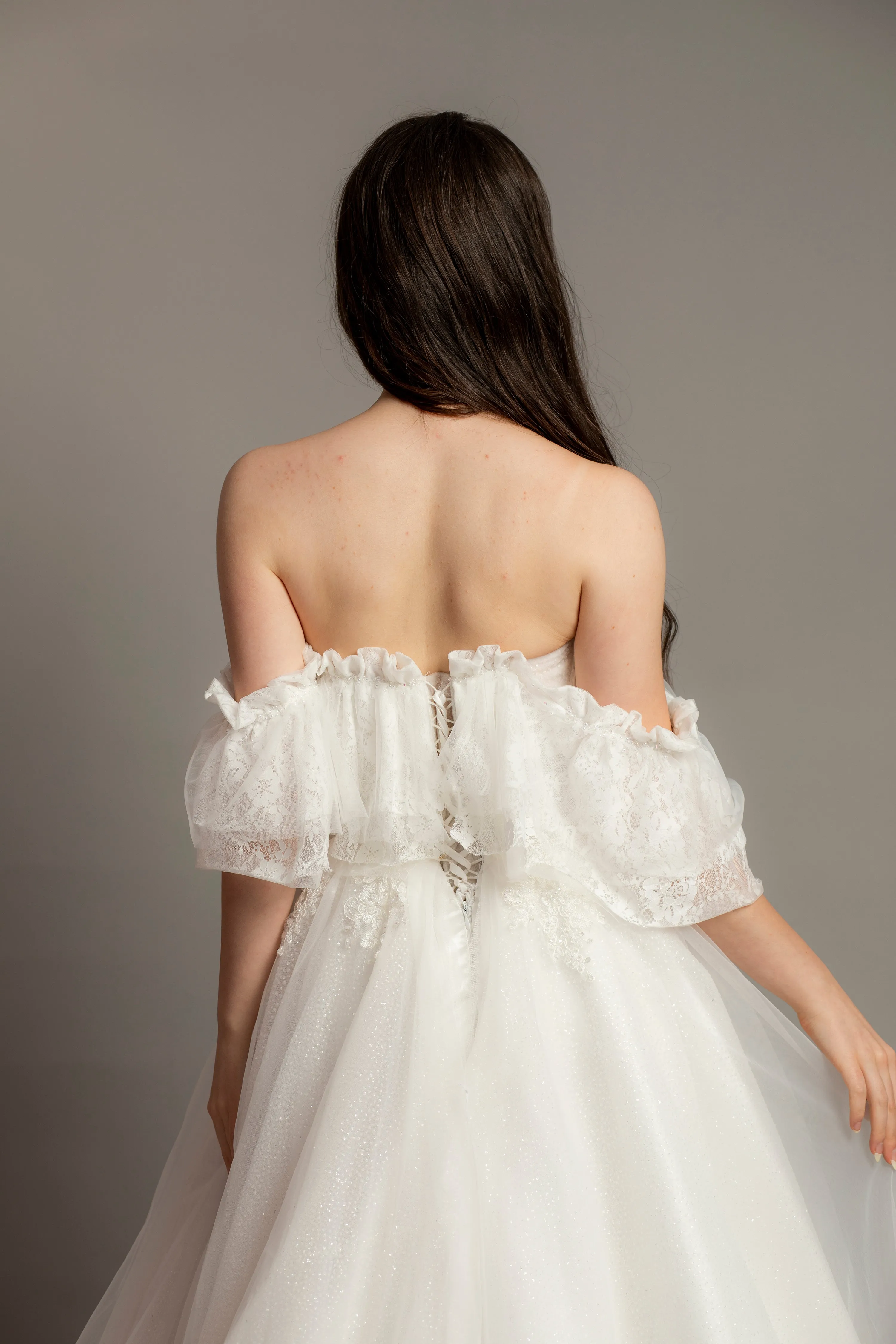 White bustier off the shoulder princess dress