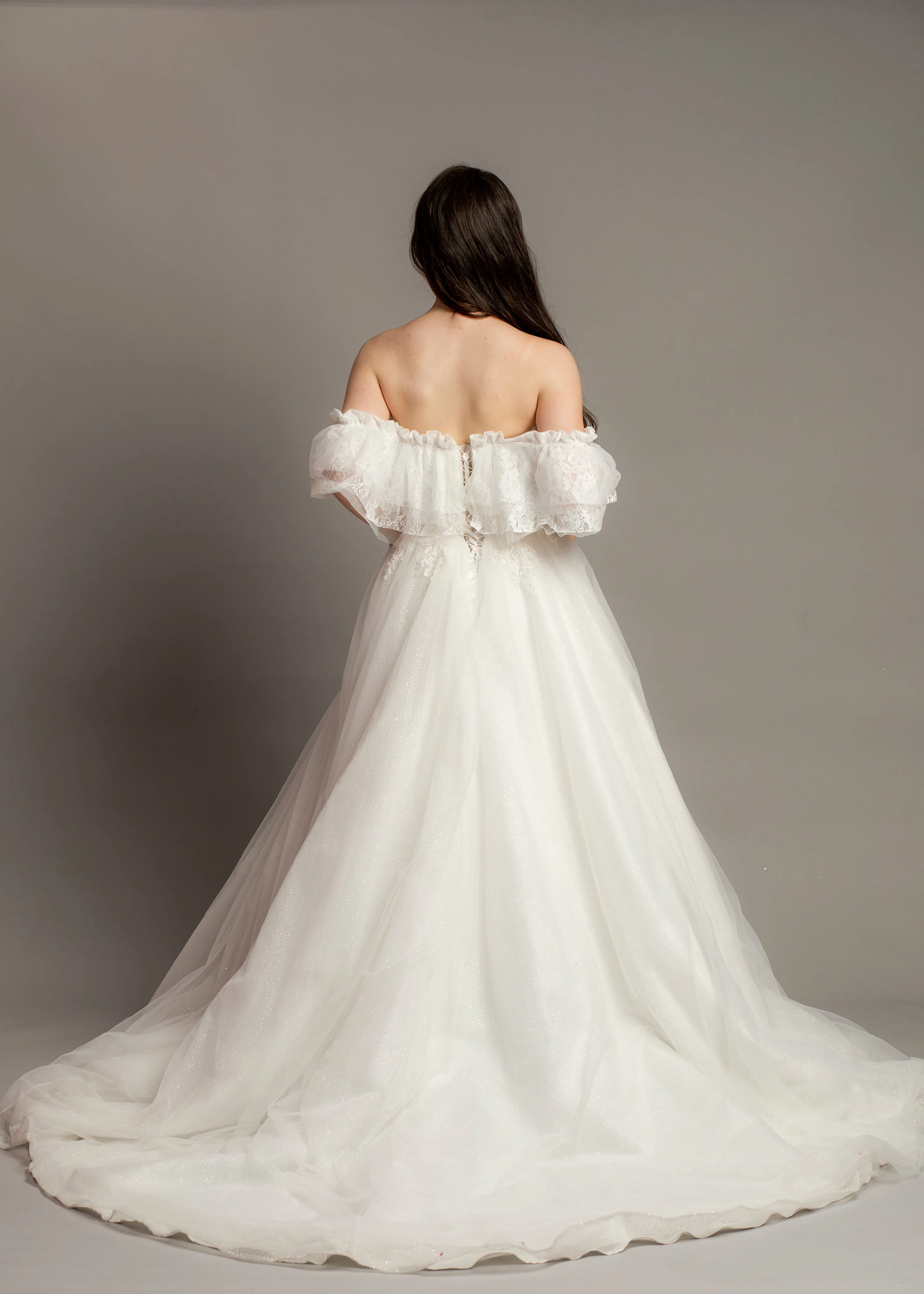 White bustier off the shoulder princess dress