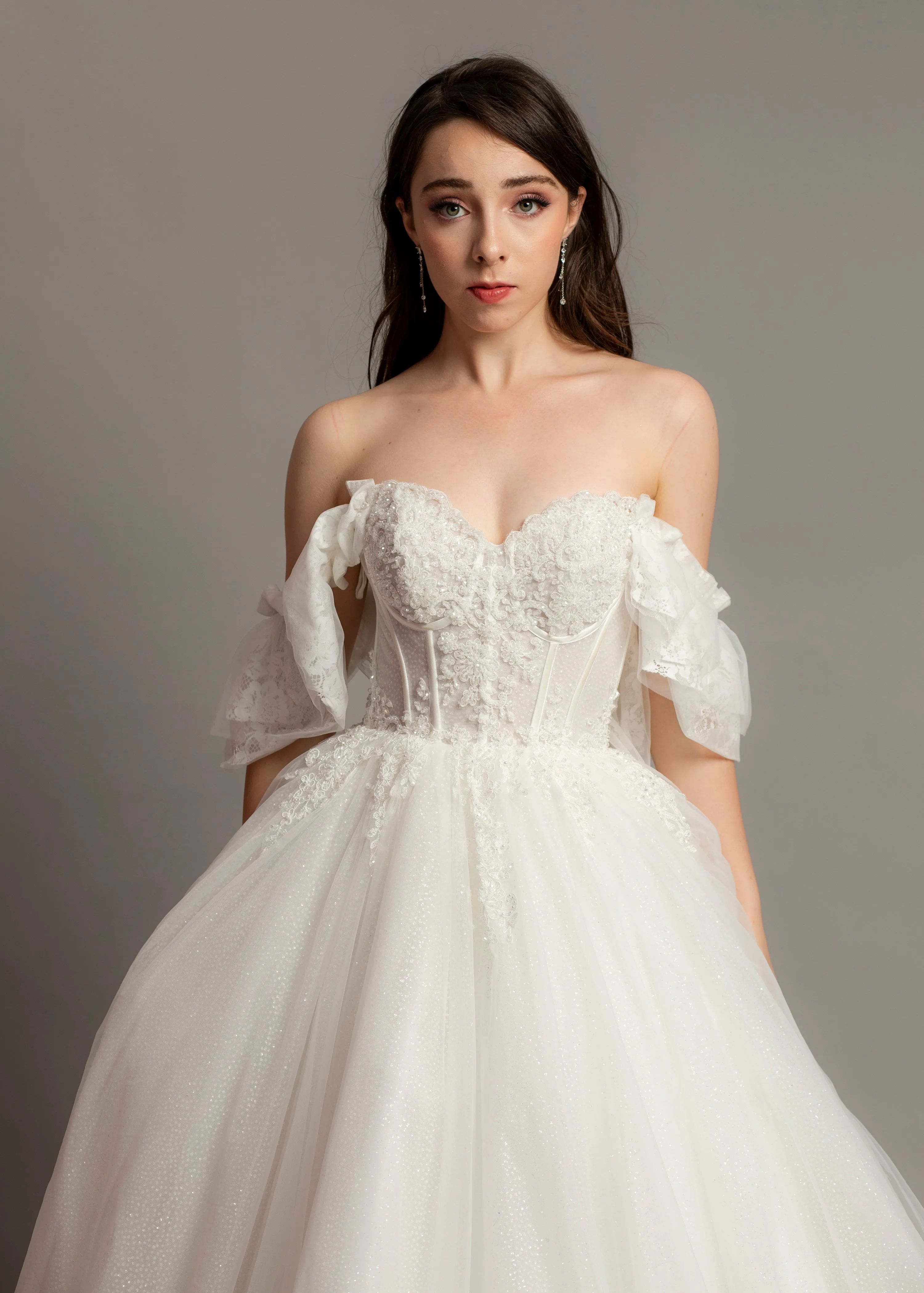 White bustier off the shoulder princess dress