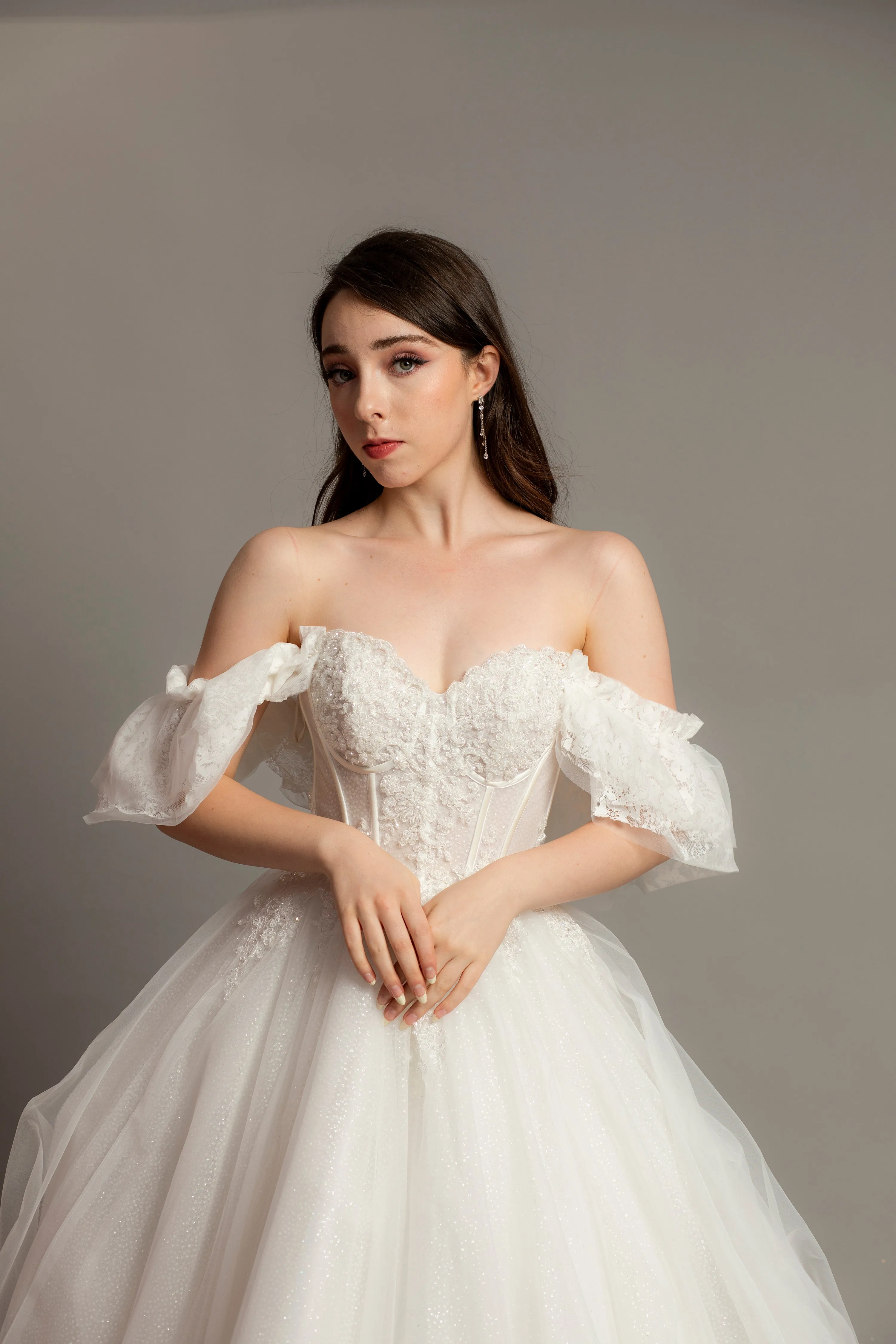 White bustier off the shoulder princess dress