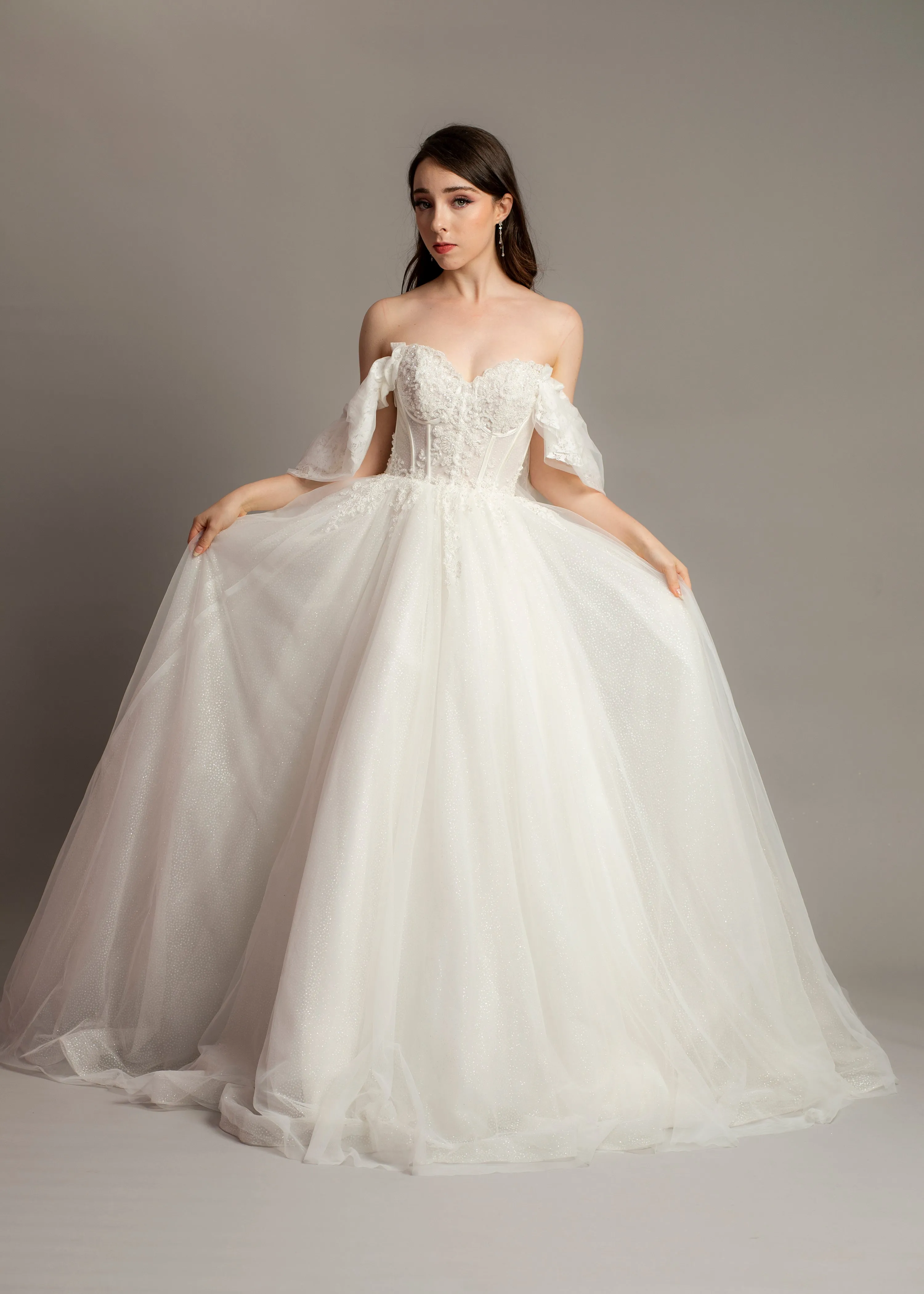 White bustier off the shoulder princess dress