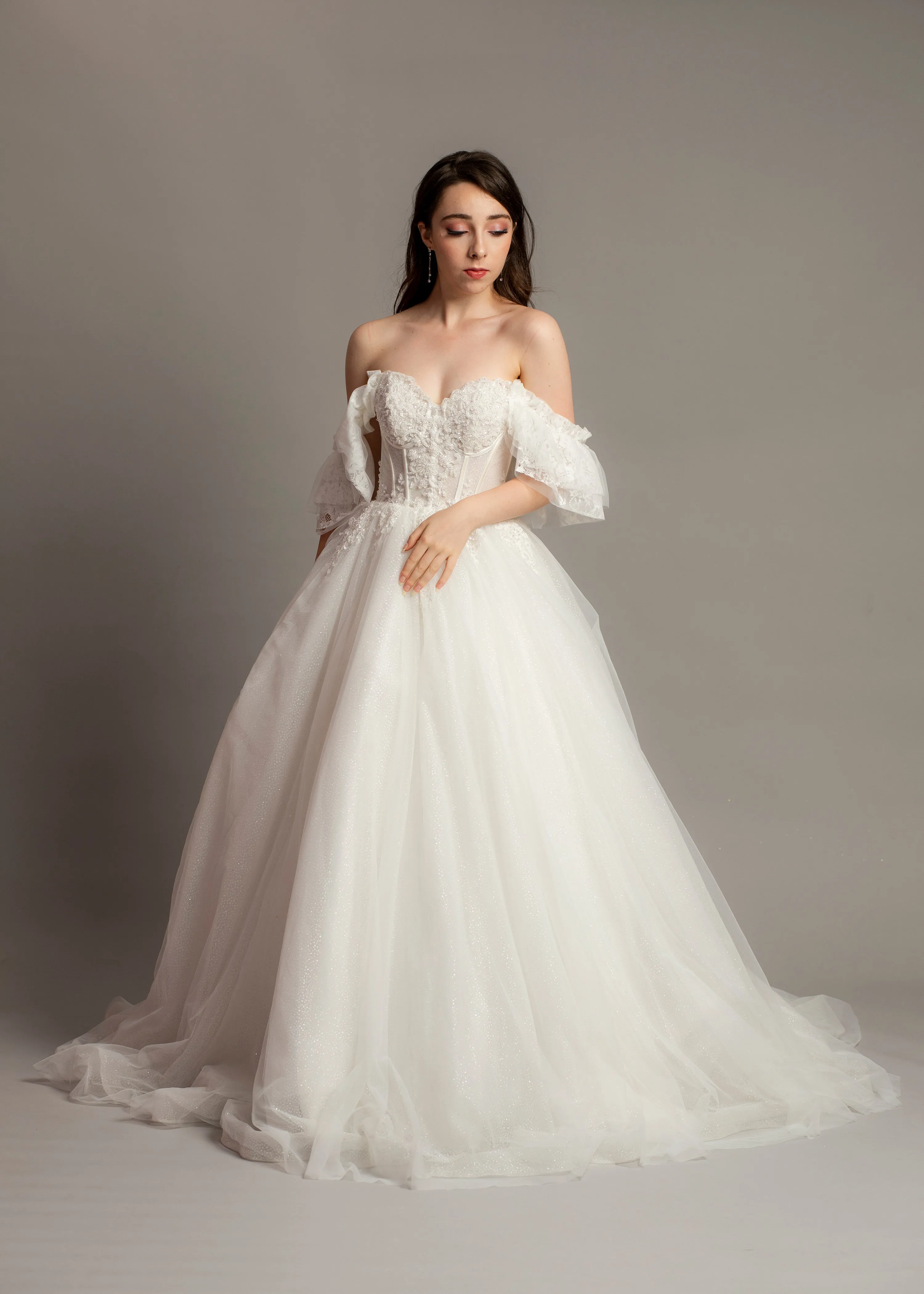 White bustier off the shoulder princess dress