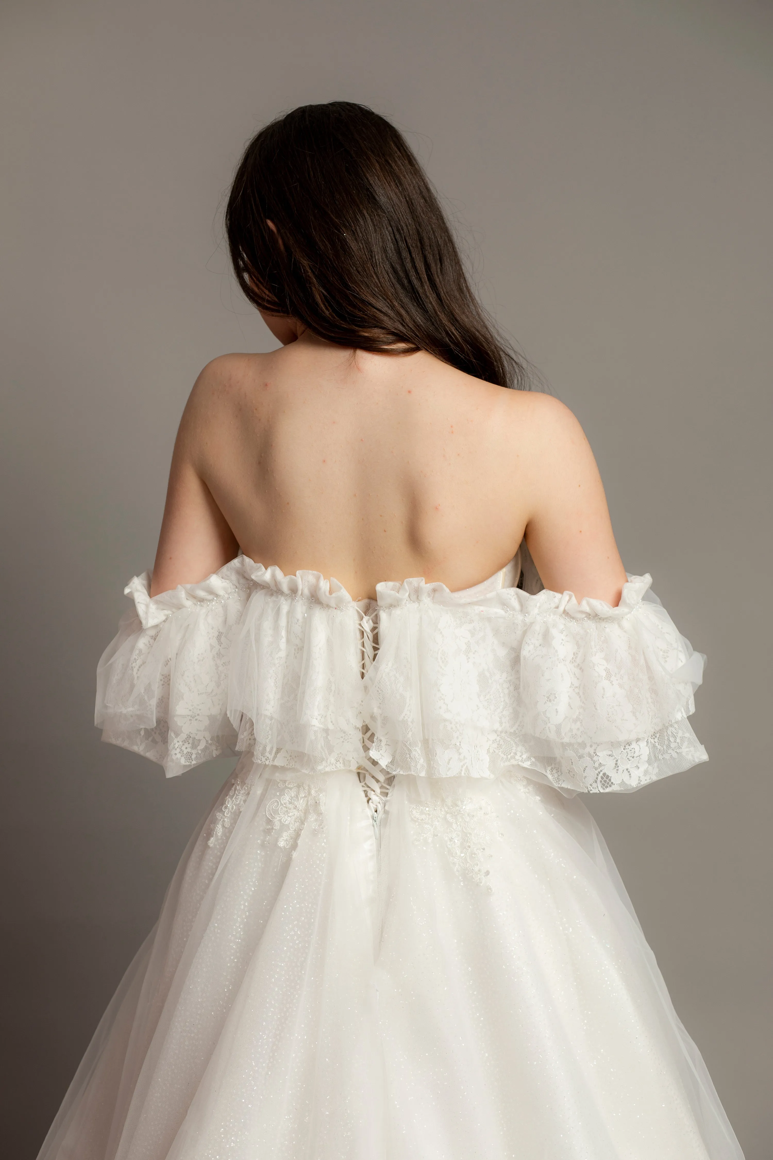 White bustier off the shoulder princess dress