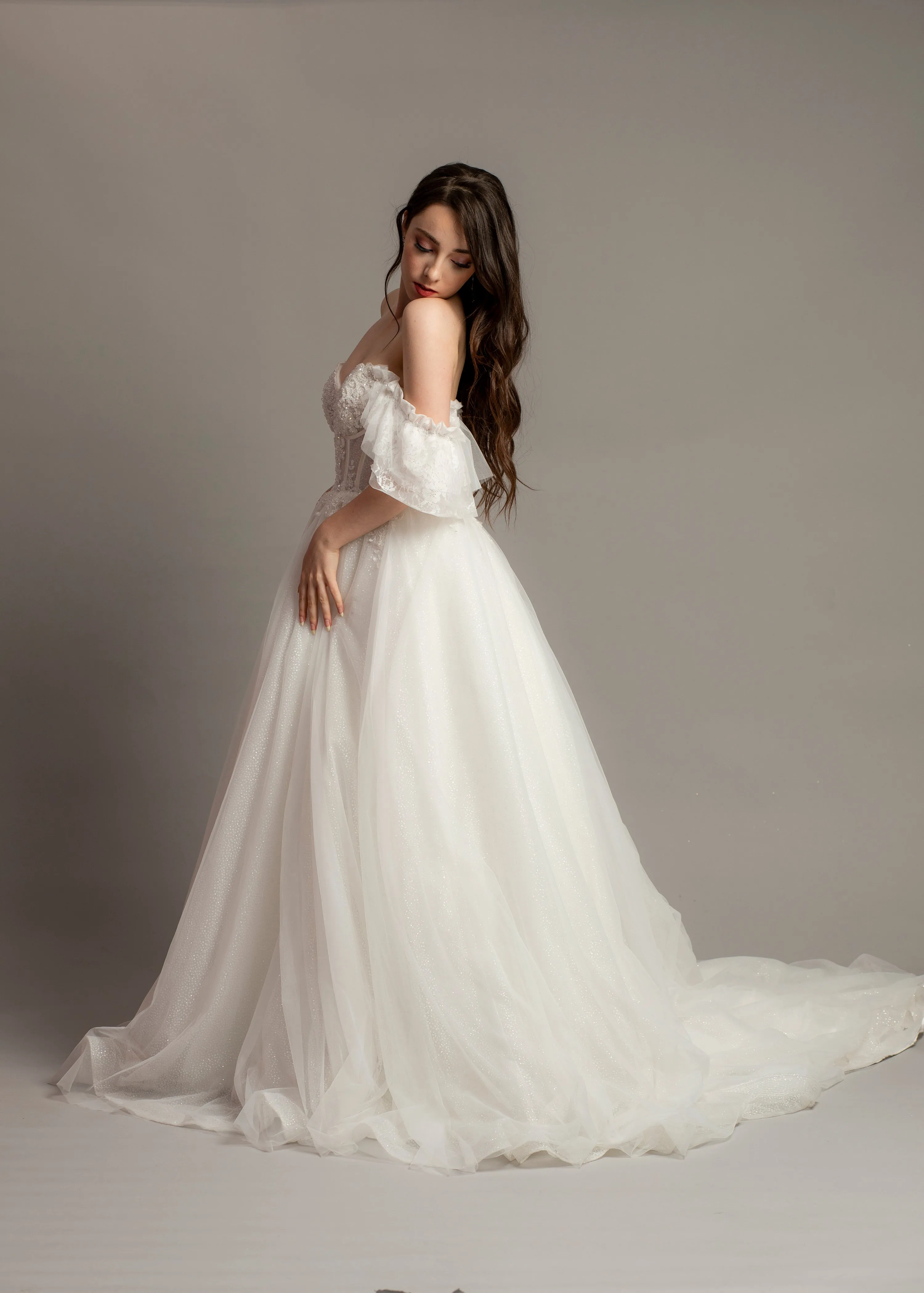 White bustier off the shoulder princess dress