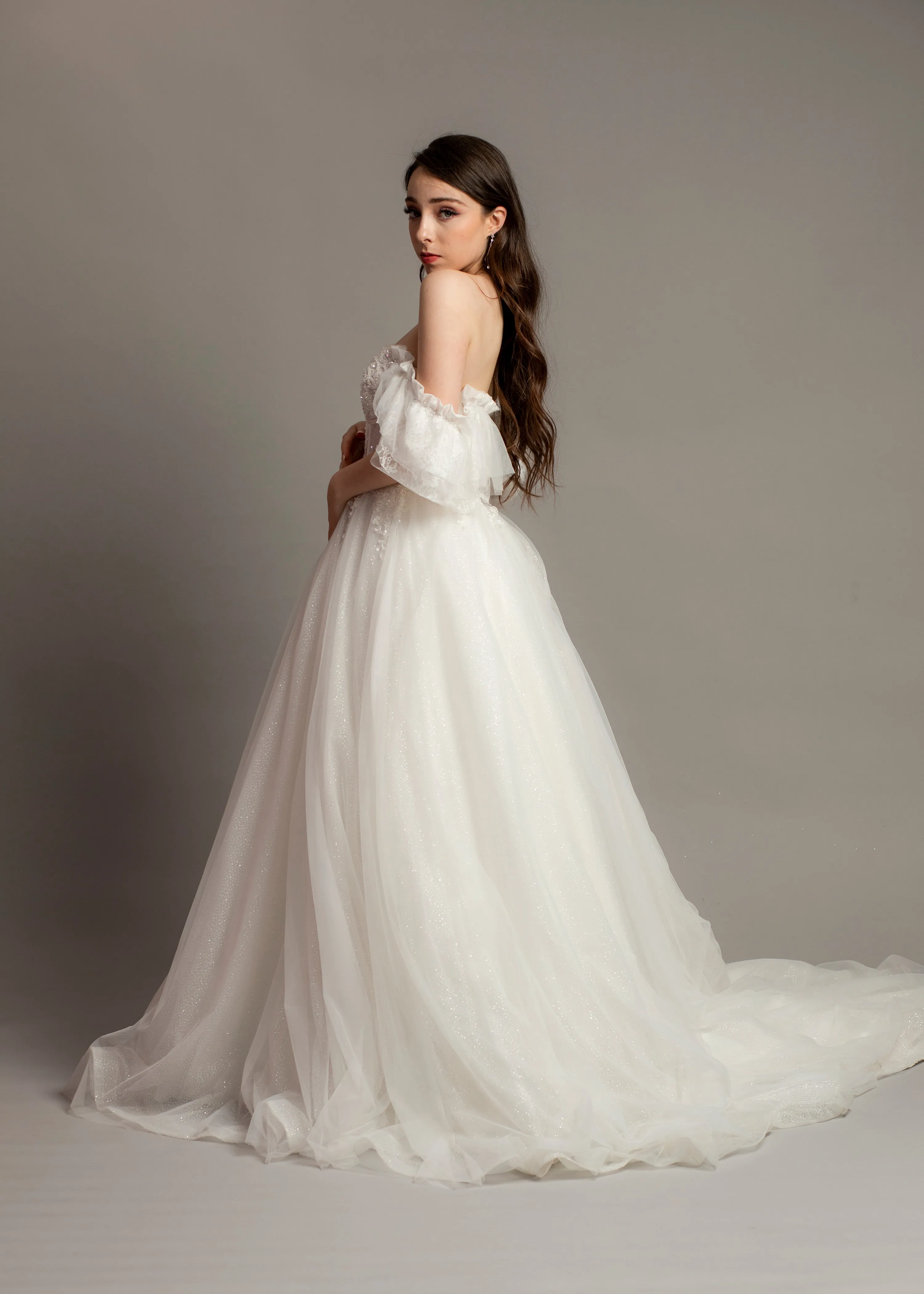 White bustier off the shoulder princess dress