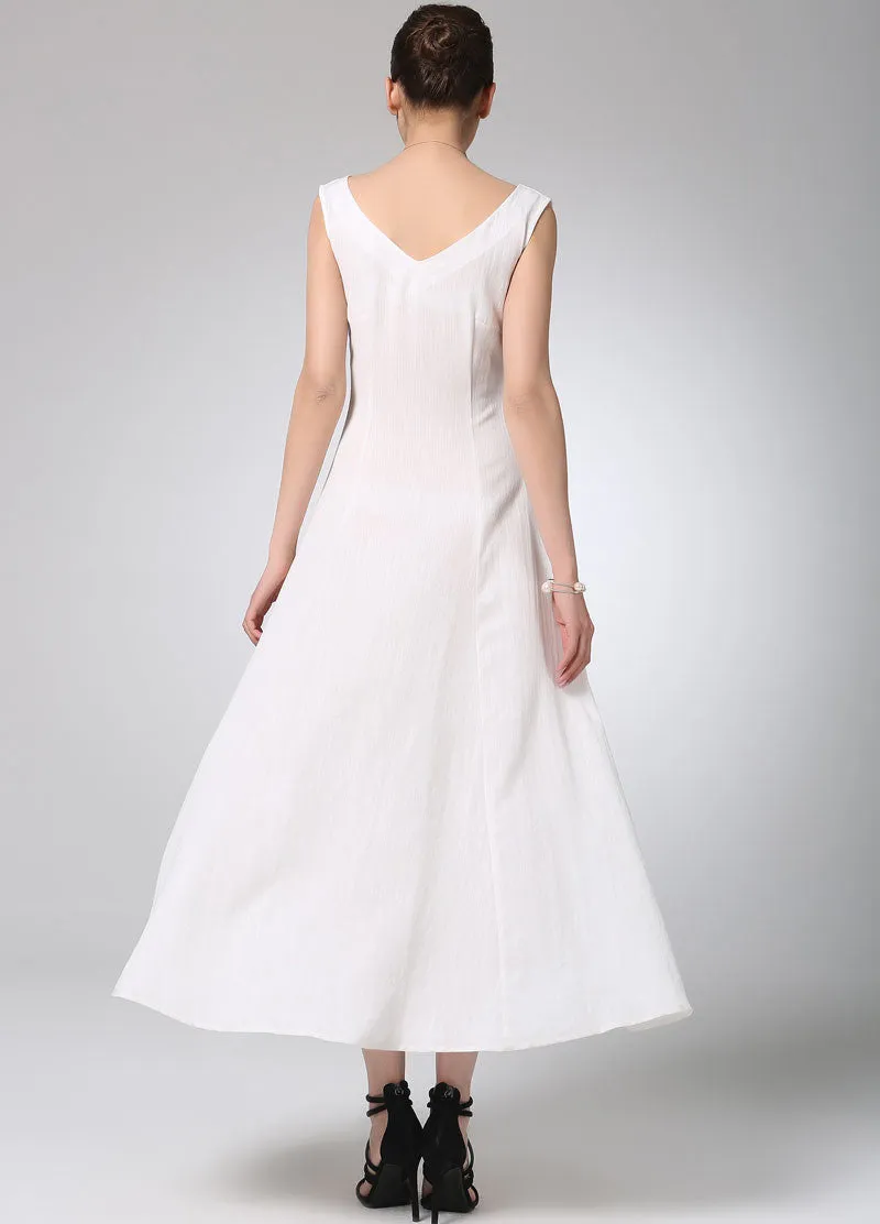 White linen dress maxi dress women dress (1232)