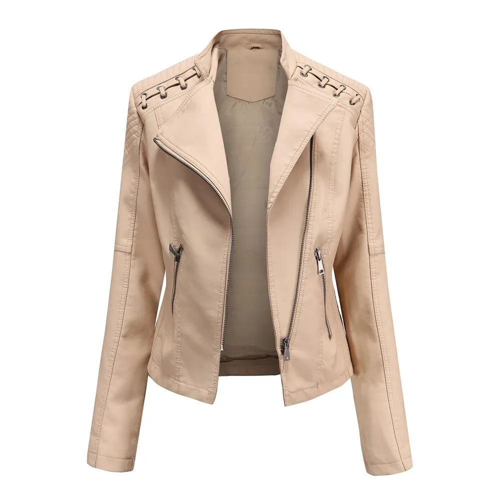 Women biker long sleeve slim fit cropped jacket