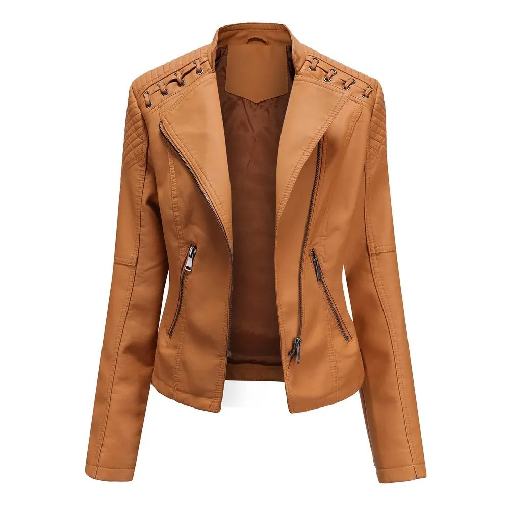 Women biker long sleeve slim fit cropped jacket