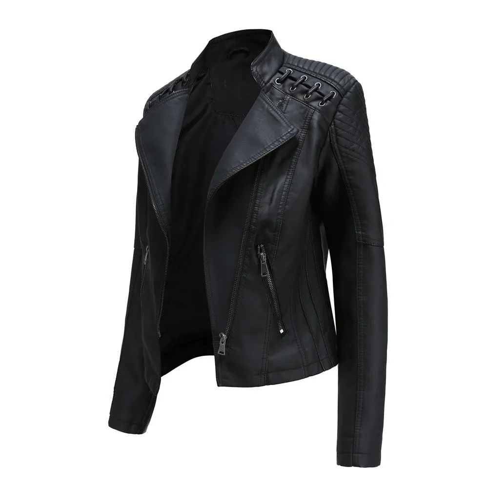 Women biker long sleeve slim fit cropped jacket