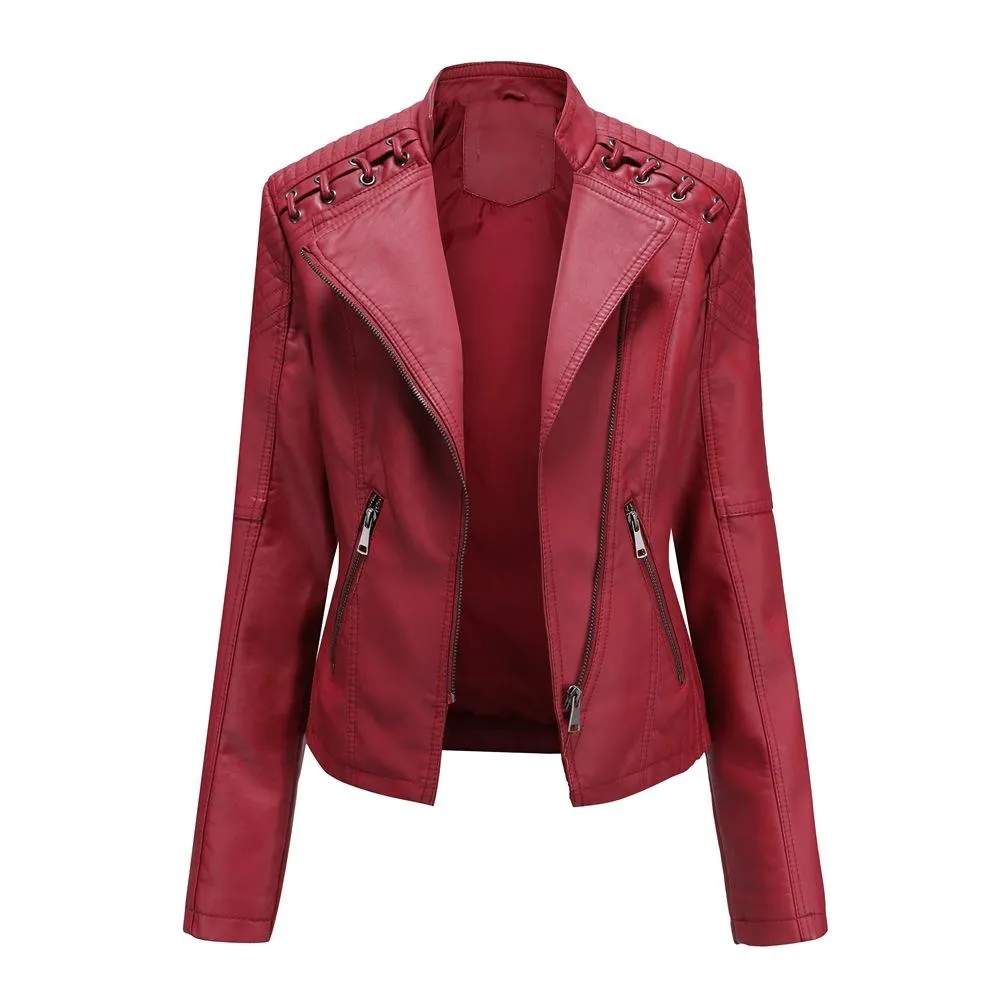 Women biker long sleeve slim fit cropped jacket