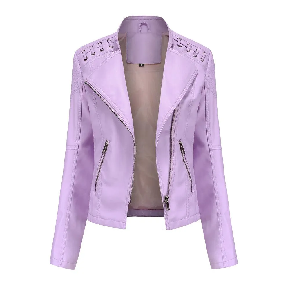 Women biker long sleeve slim fit cropped jacket