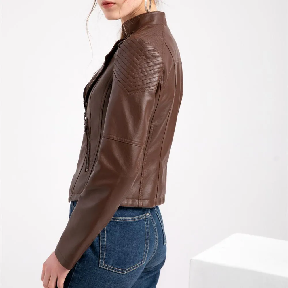 Women biker long sleeve slim fit cropped jacket