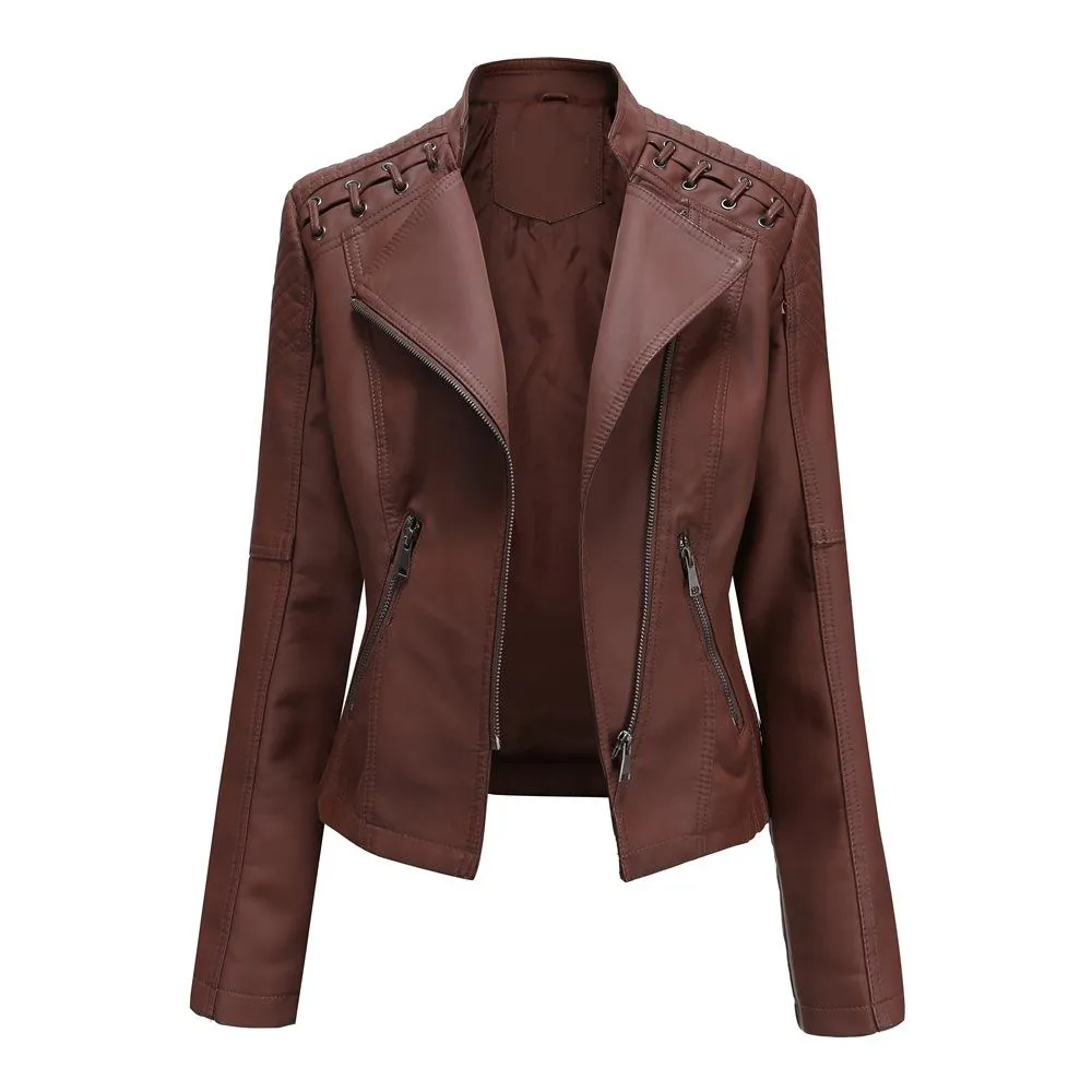 Women biker long sleeve slim fit cropped jacket