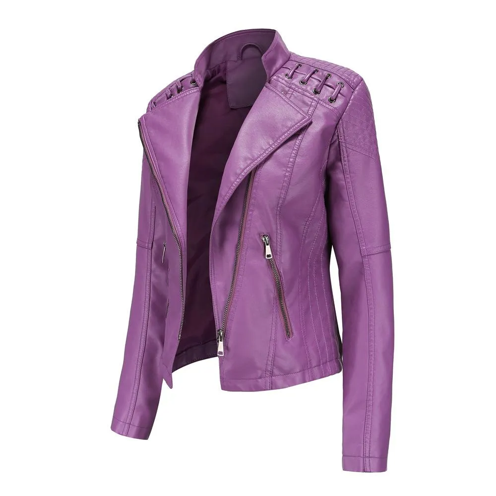 Women biker long sleeve slim fit cropped jacket