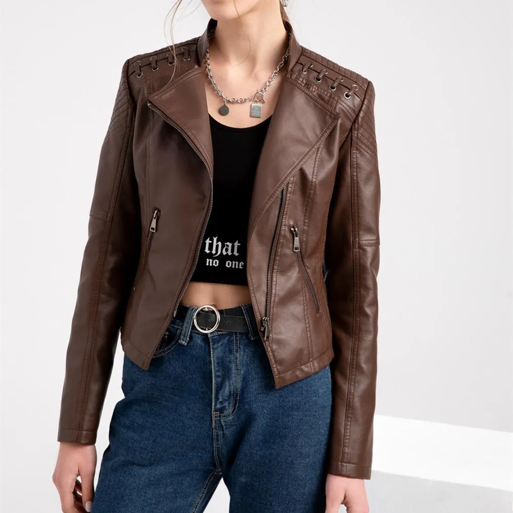 Women biker long sleeve slim fit cropped jacket