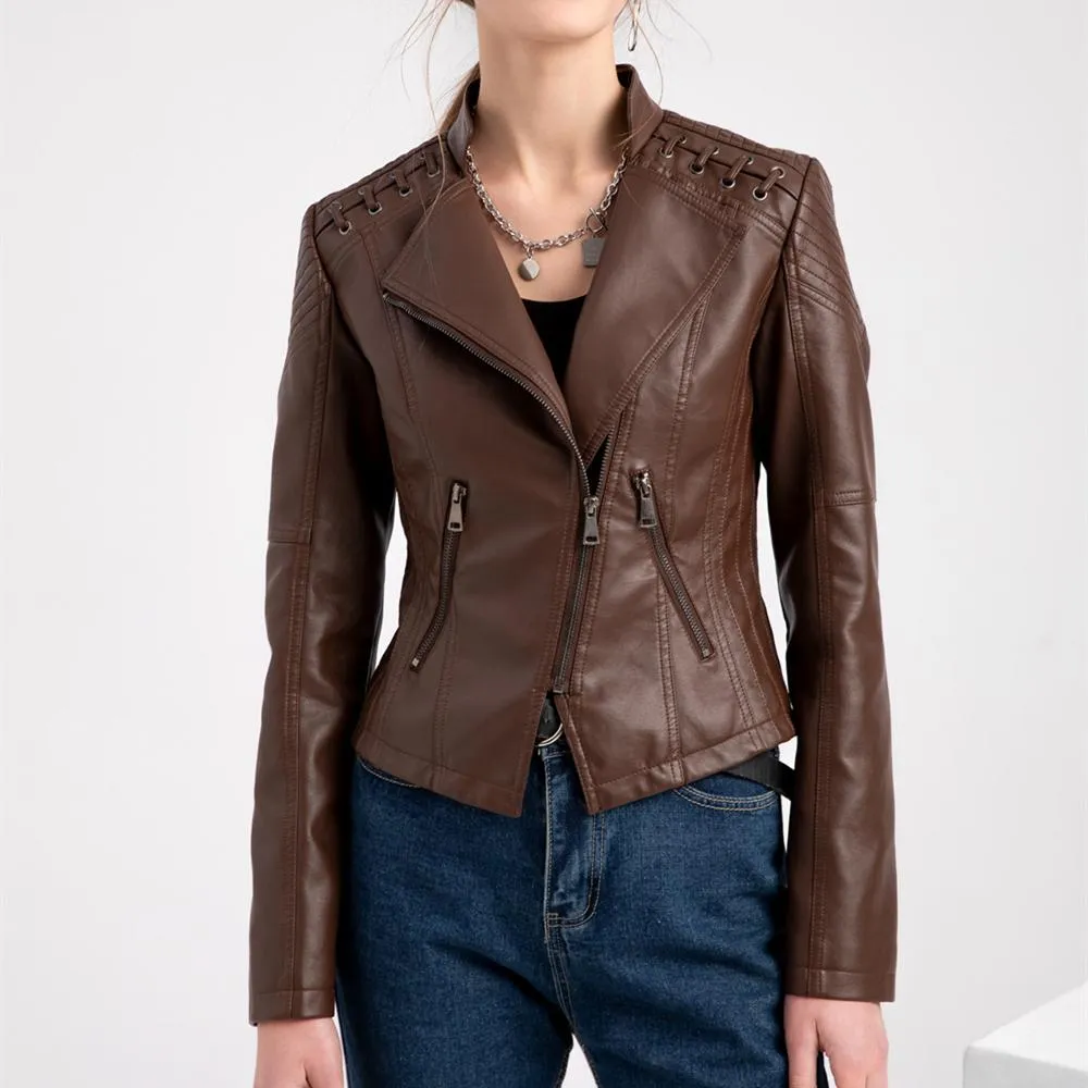 Women biker long sleeve slim fit cropped jacket