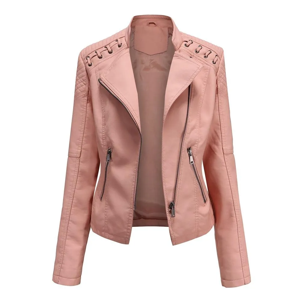 Women biker long sleeve slim fit cropped jacket