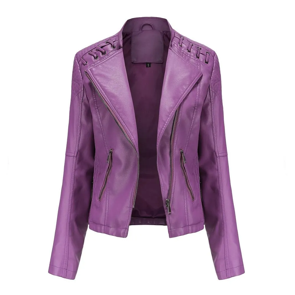 Women biker long sleeve slim fit cropped jacket