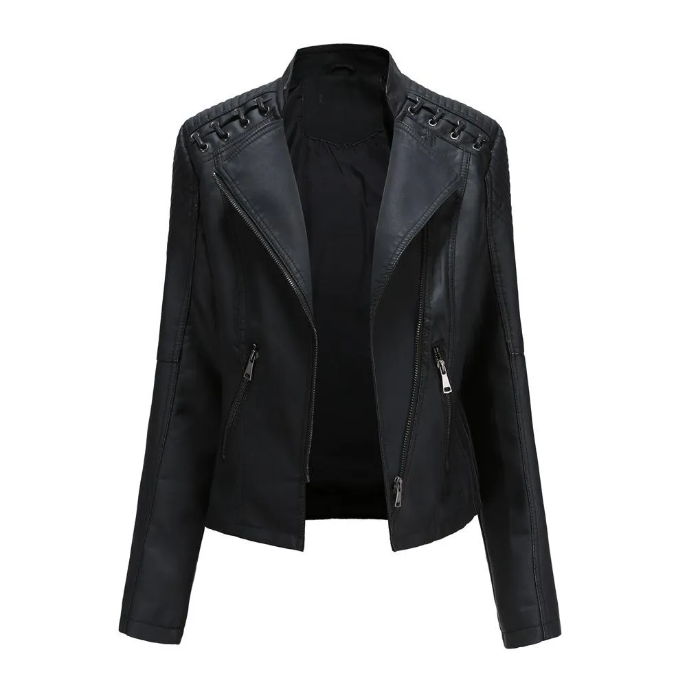 Women biker long sleeve slim fit cropped jacket