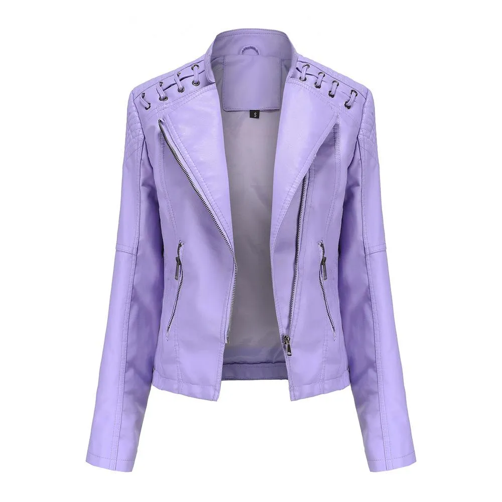 Women biker long sleeve slim fit cropped jacket