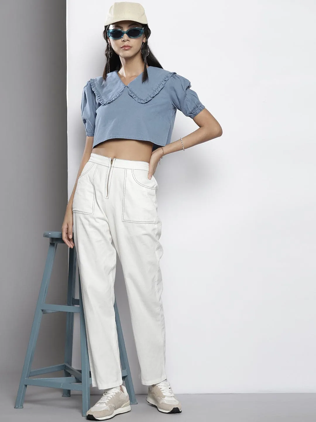 Women Blue Frill Detail Broad Collar Crop Tencel Top