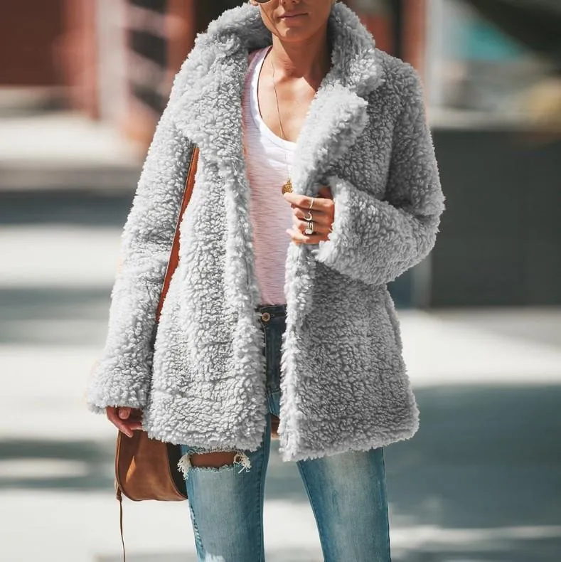 Women faux fur shawl collar cardigan solid color winter coat