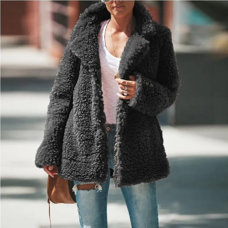 Women faux fur shawl collar cardigan solid color winter coat