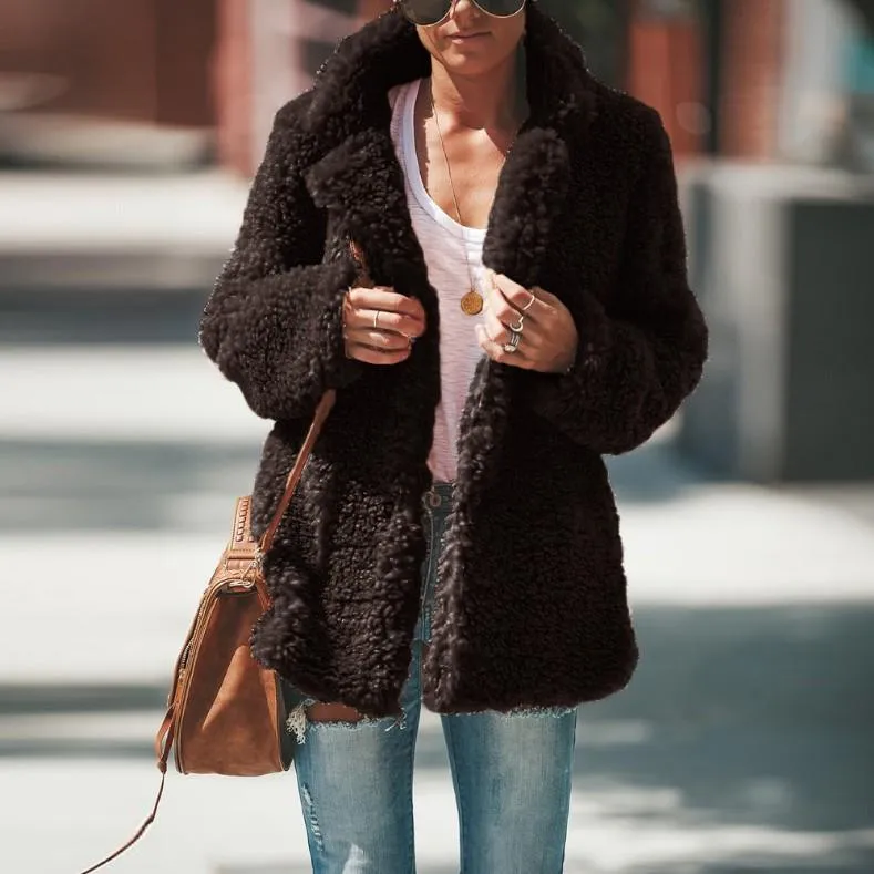 Women faux fur shawl collar cardigan solid color winter coat