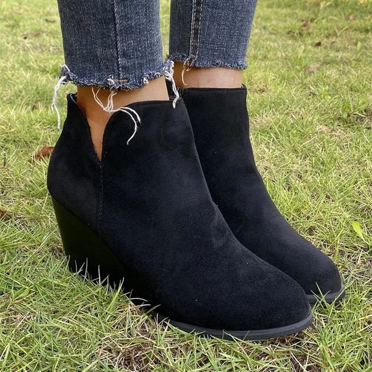 Women high heel side zipper v cut wedge boots