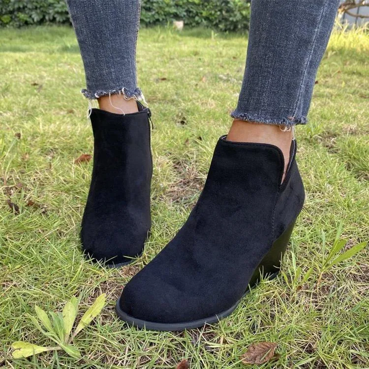 Women high heel side zipper v cut wedge boots