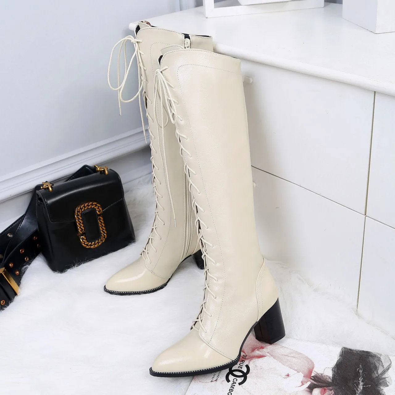 Women pointed toe chunky high heel lace up knee high boots