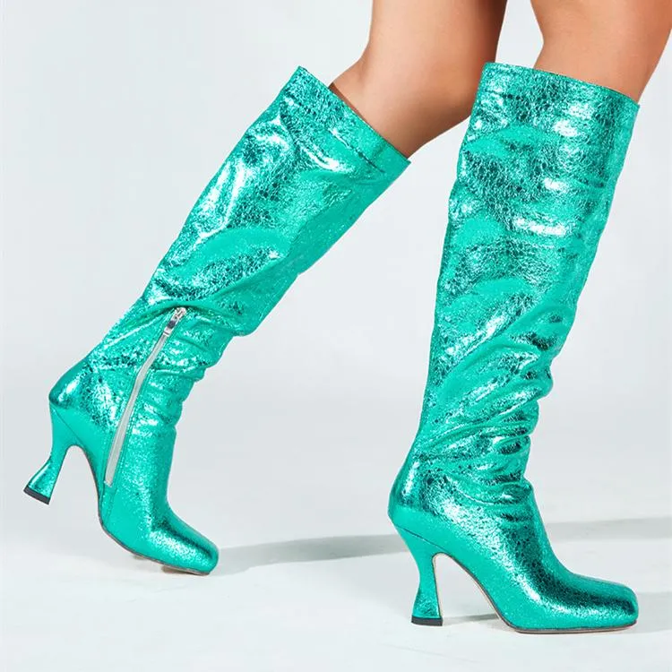 Women square toed sequin stiletto high heel knee high boots