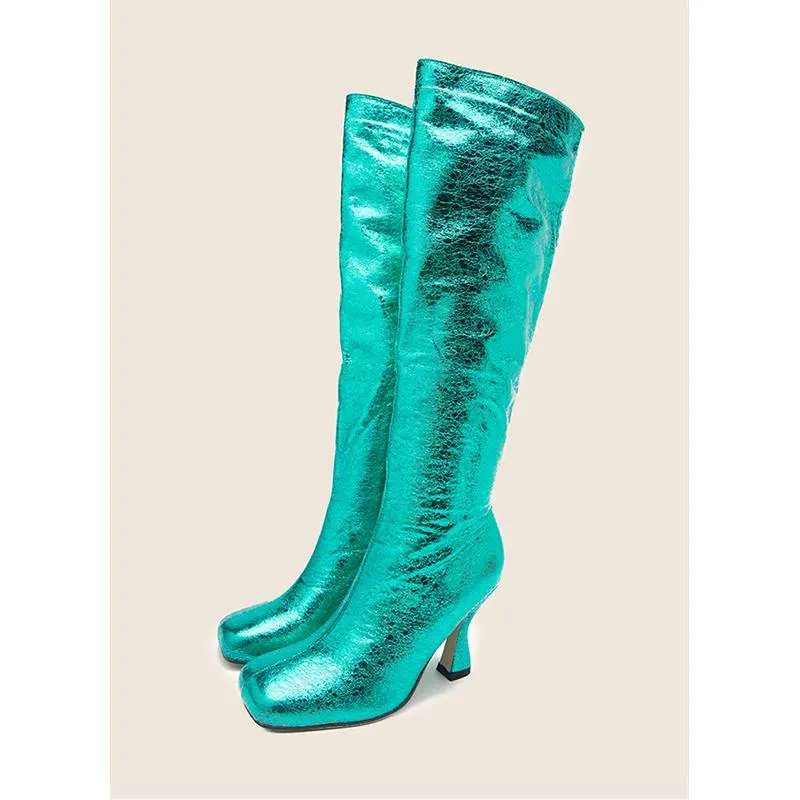 Women square toed sequin stiletto high heel knee high boots