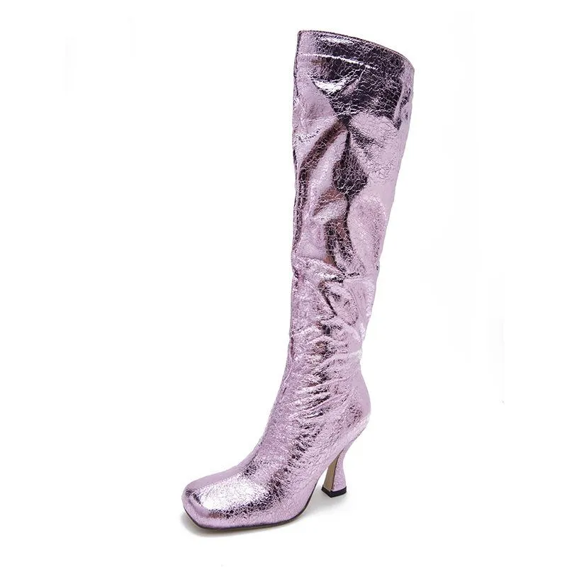 Women square toed sequin stiletto high heel knee high boots