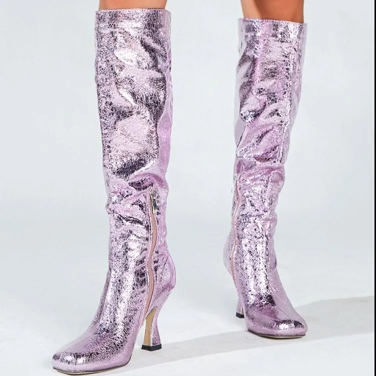 Women square toed sequin stiletto high heel knee high boots